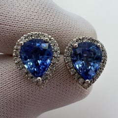2.70ct Fine Blue Ceylon Sapphire Diamond 18k White Gold Pear Halo Stud Earrings