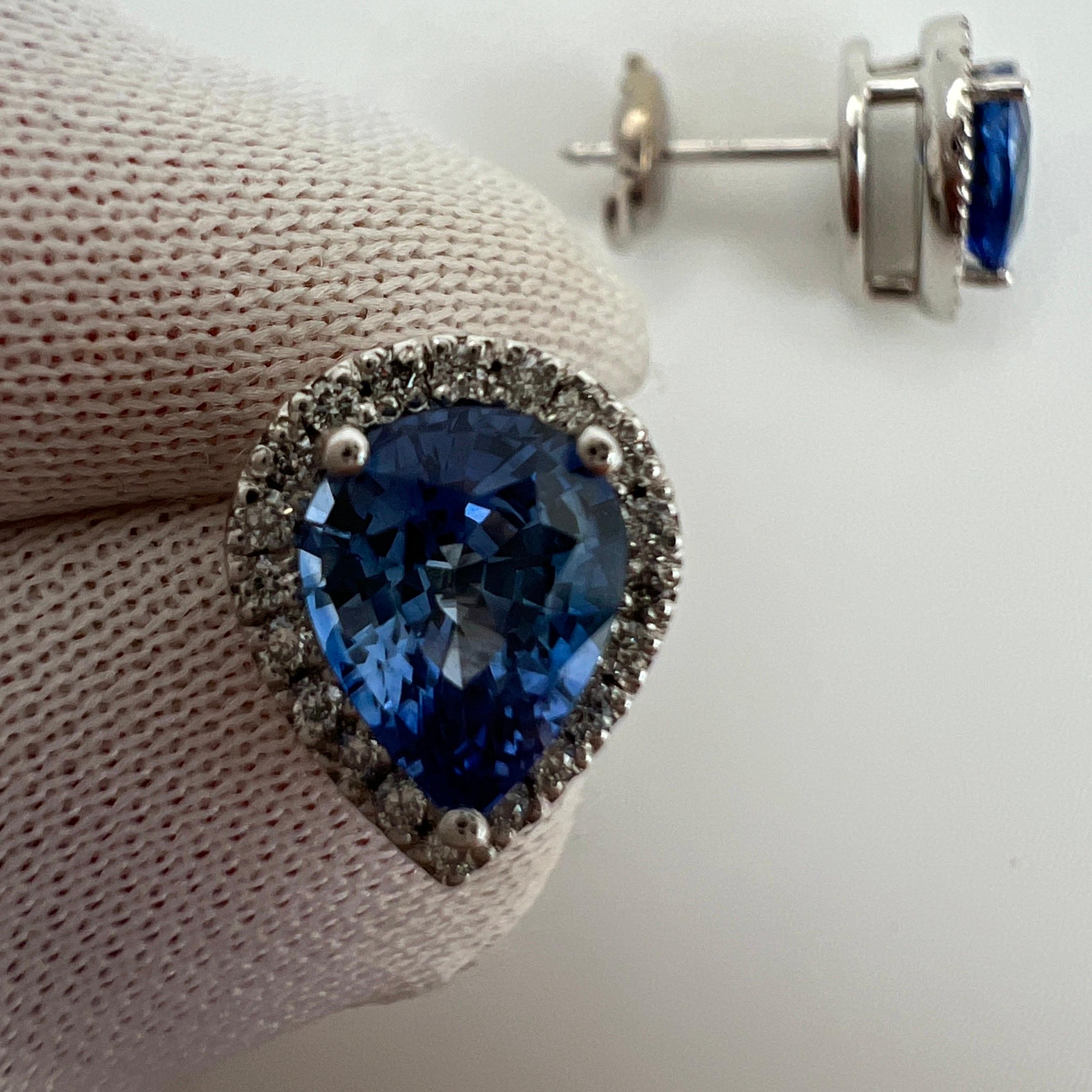Women's or Men's 2.70ct Fine Blue Ceylon Sapphire Diamond 18k White Gold Pear Halo Stud Earrings For Sale