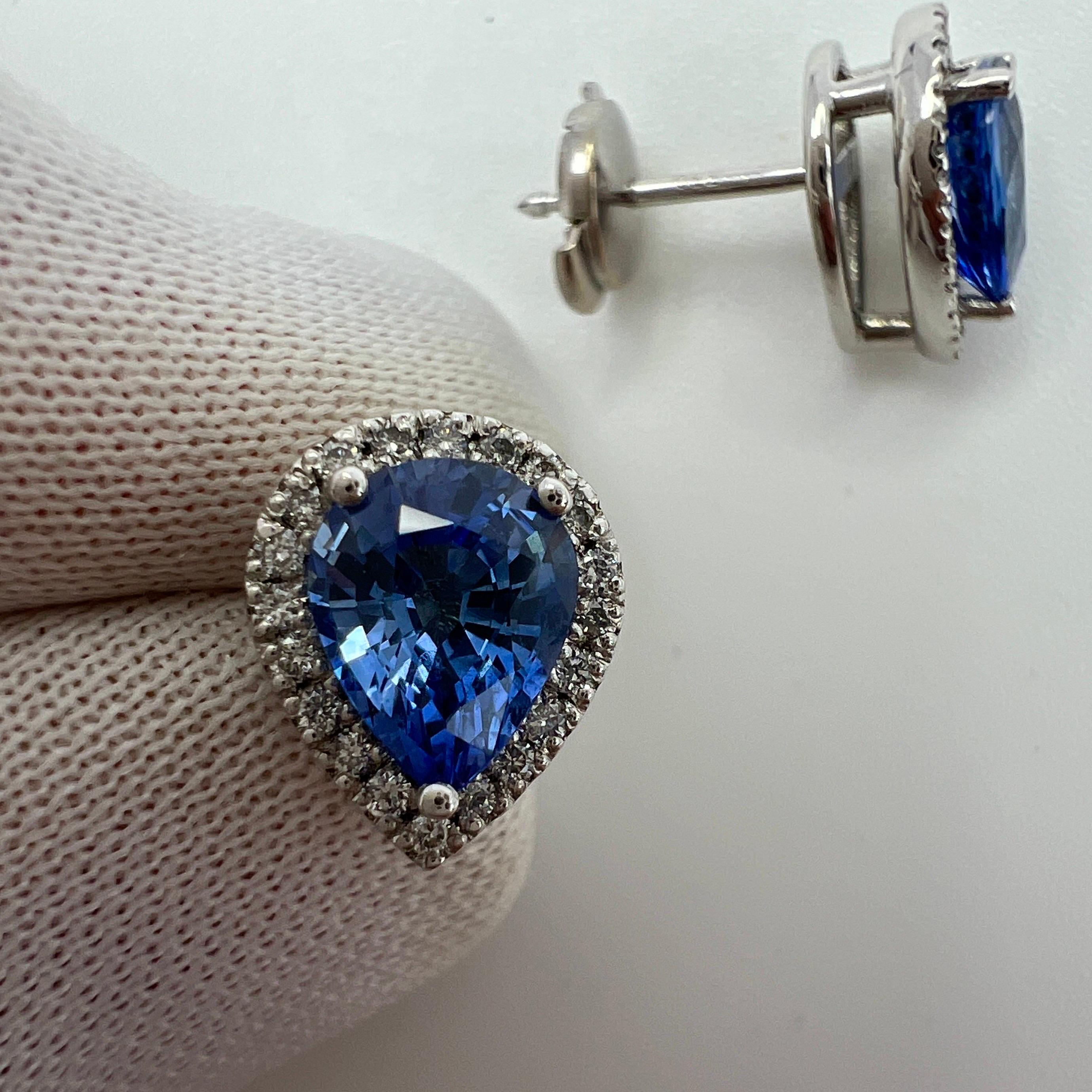 2.70ct Fine Blue Ceylon Sapphire Diamond 18k White Gold Pear Halo Stud Earrings For Sale 1