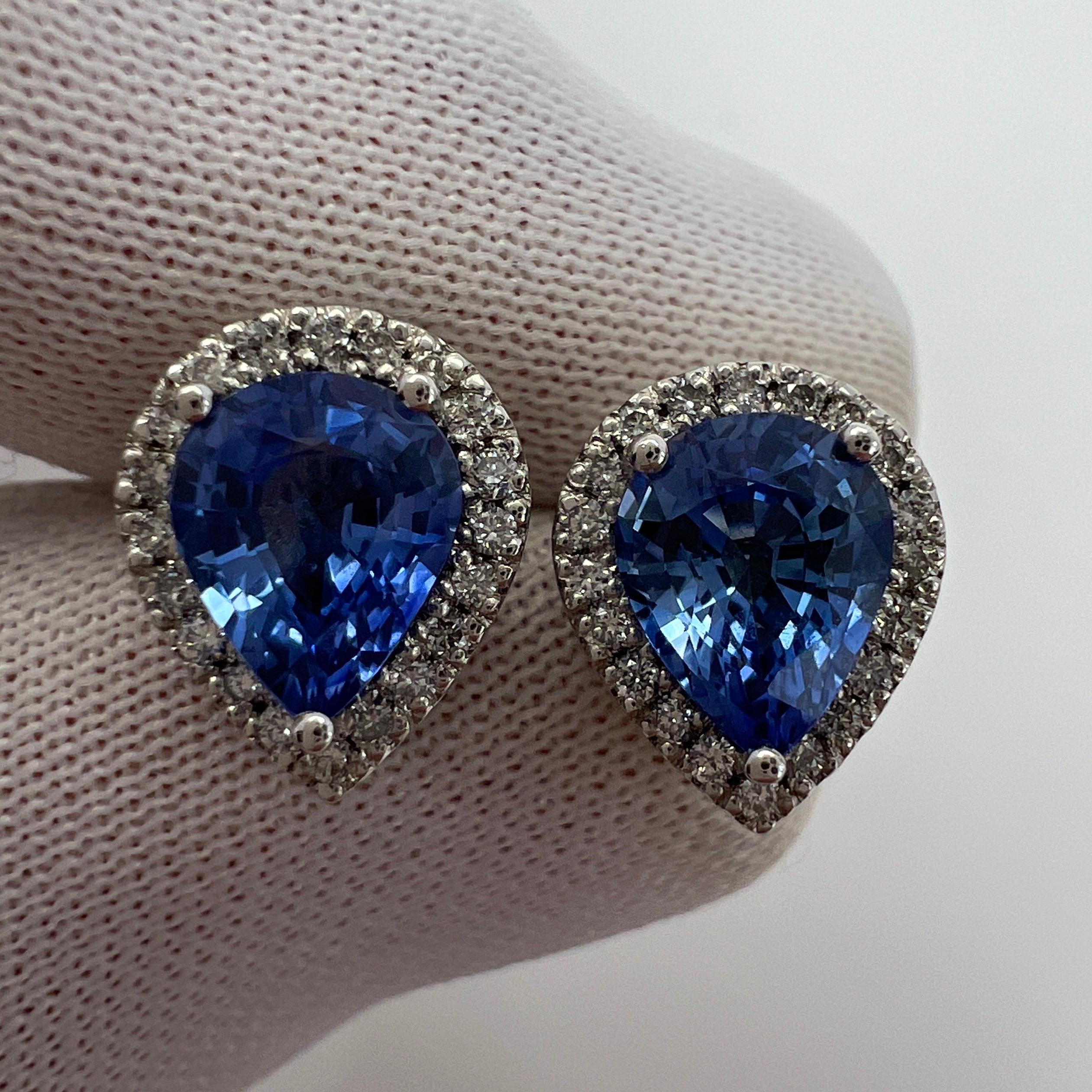 2.70ct Fine Blue Ceylon Sapphire Diamond 18k White Gold Pear Halo Stud Earrings For Sale 2