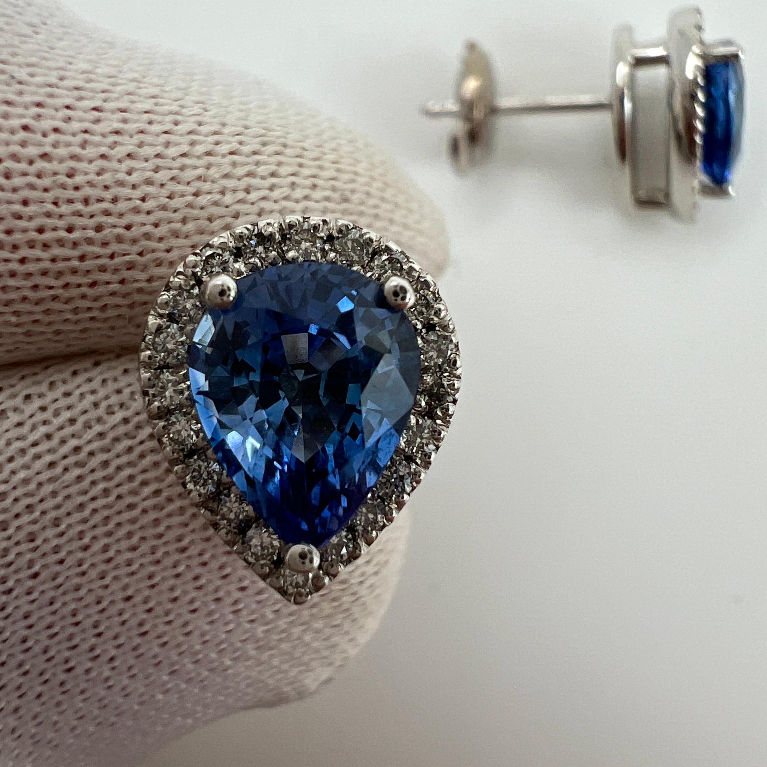 2.70ct Fine Blue Ceylon Sapphire Diamond 18k White Gold Pear Halo Stud Earrings en vente 3