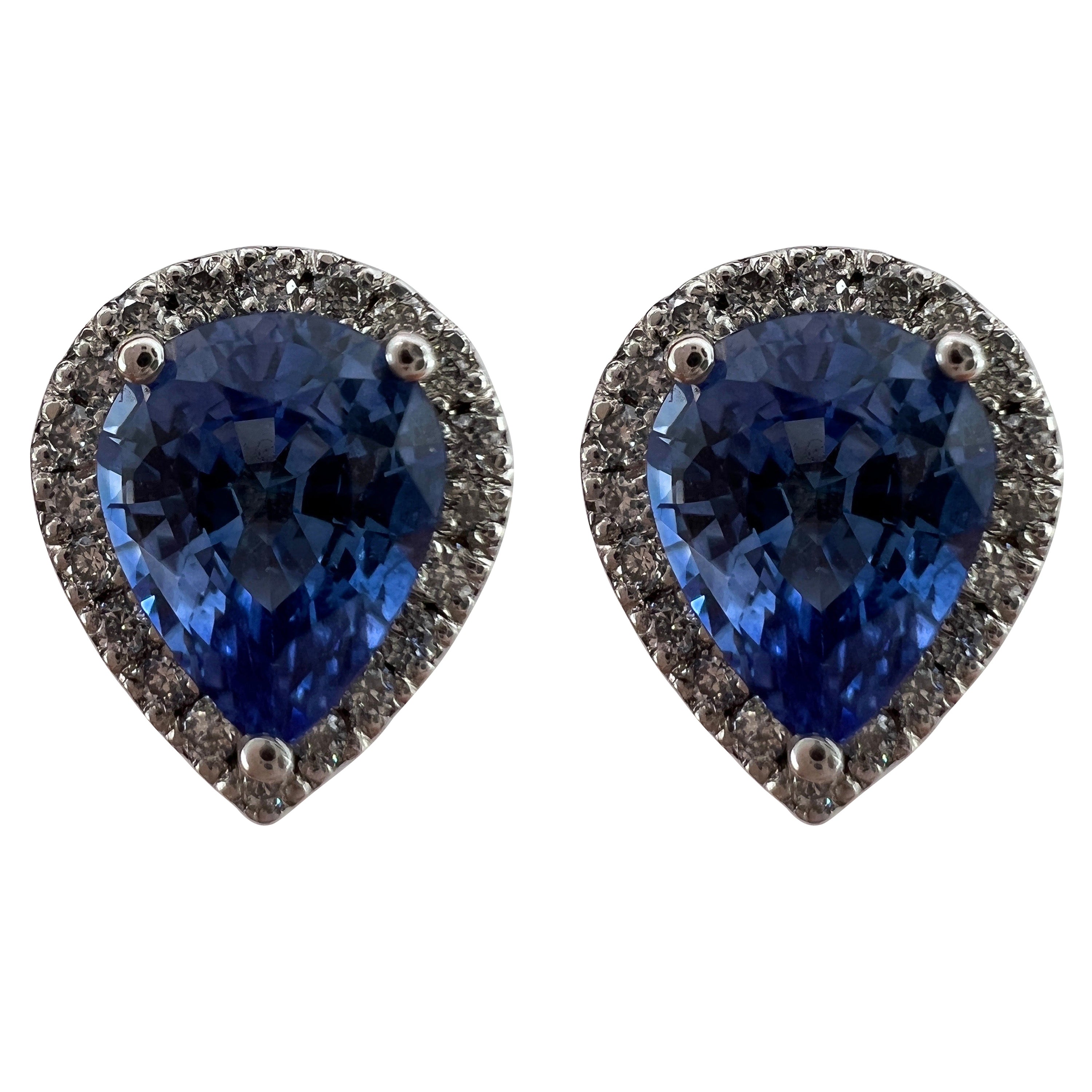 2.70ct Fine Blue Ceylon Sapphire Diamond 18k White Gold Pear Halo Stud Earrings For Sale