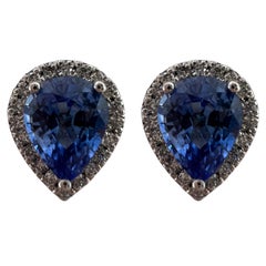 2.70ct Fine Blue Ceylon Sapphire Diamond 18k White Gold Pear Halo Stud Earrings