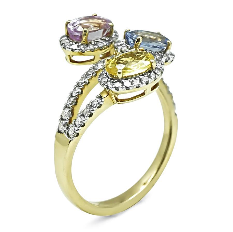 2.70ct Multi Color Sapphire Diamond Gold Ring Corte oval en venta