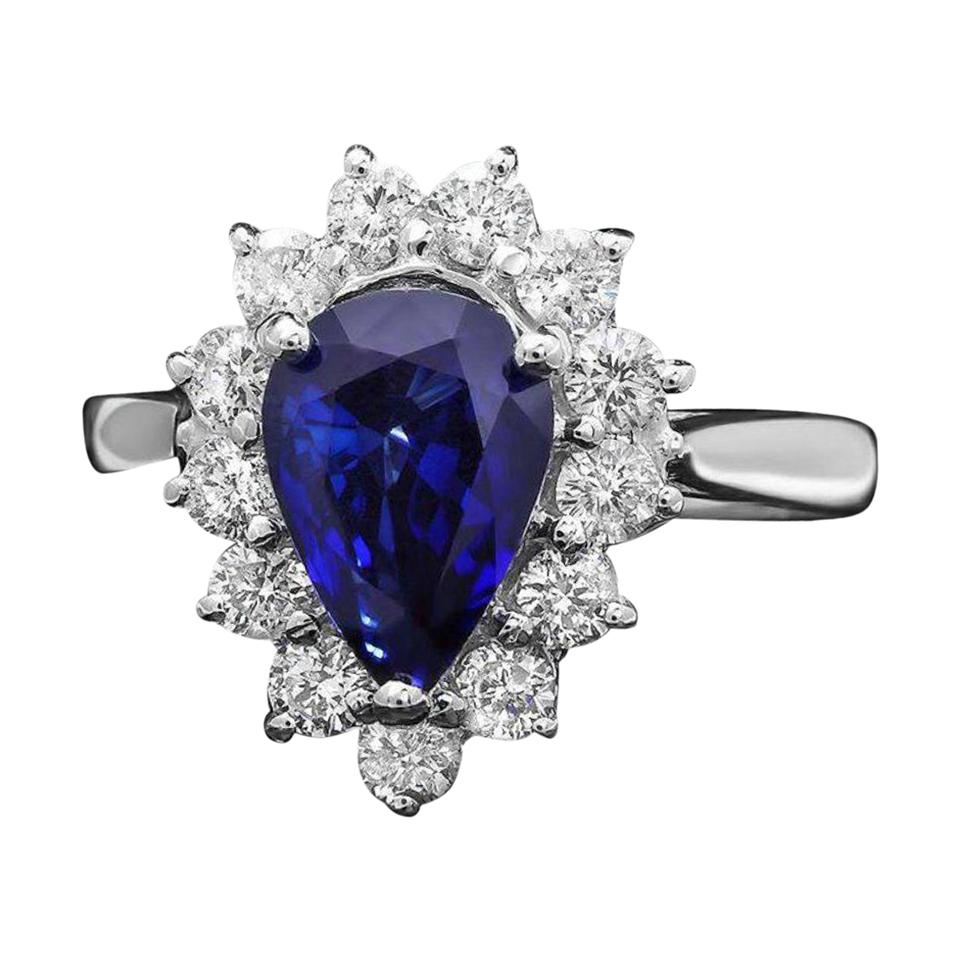 2.70ct Natural Blue Sapphire & Diamond 14k Solid White Gold Ring For Sale