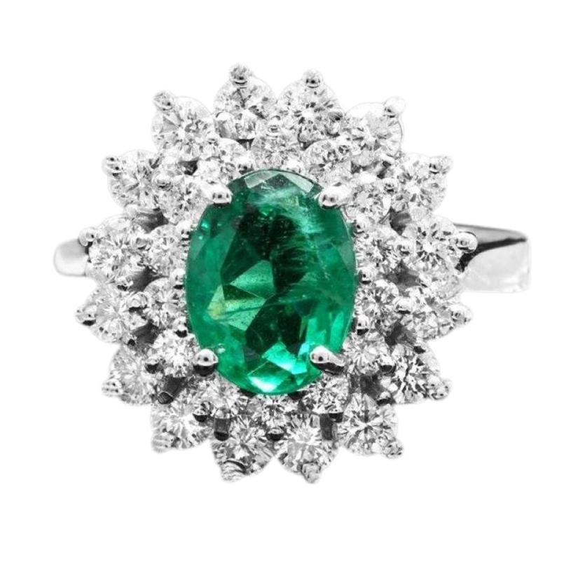 2.70ct Natural Emerald & Diamond 14k Solid White Gold Ring For Sale