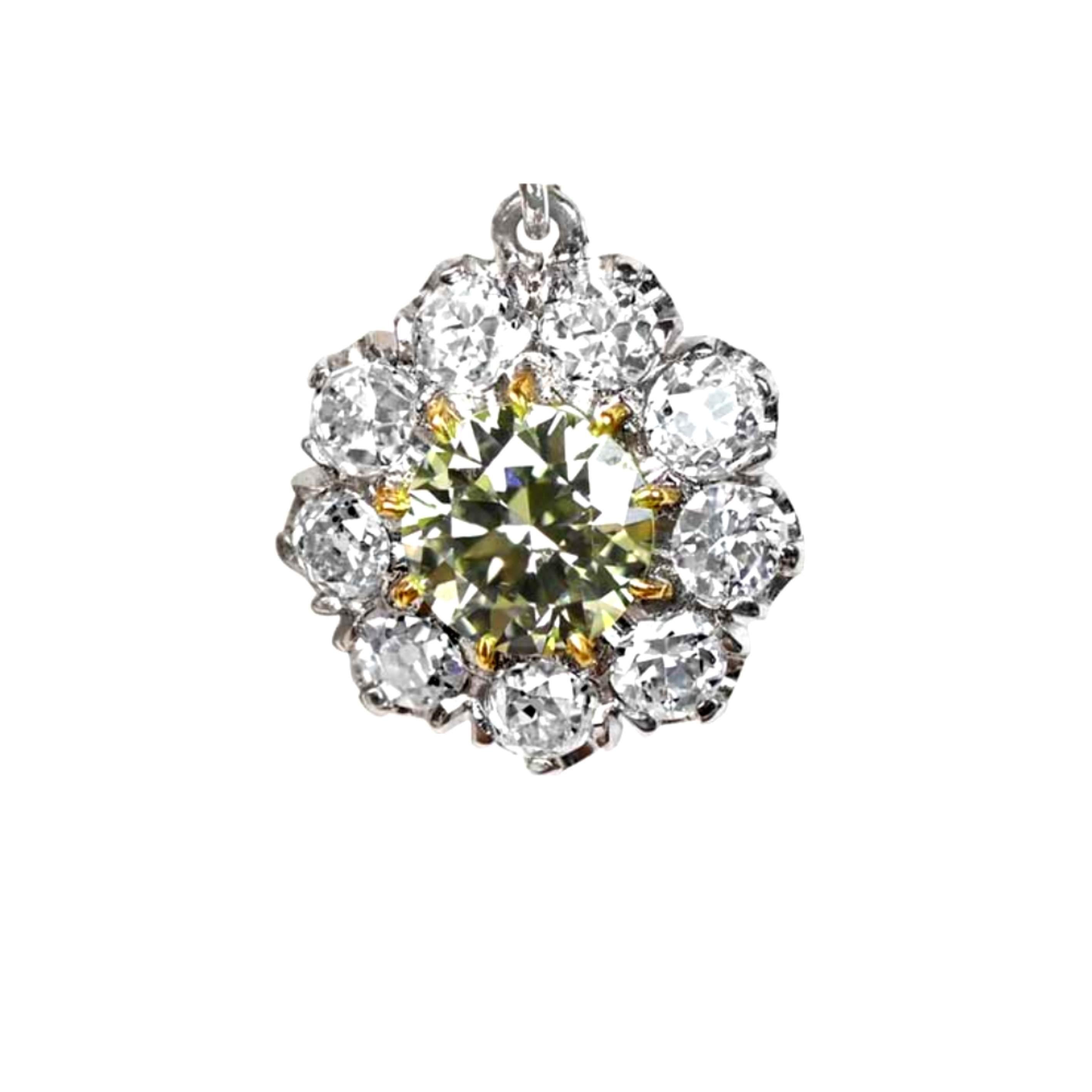
Experience the enchantment of these captivating floral diamond halo earrings, boasting an exquisite allure of 1.82 carats. Meticulously crafted with precision, each earring features mesmerizing yellow old European cut diamonds at its core,