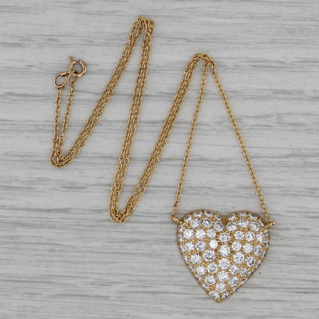 da uomo o donna Collana con ciondolo a forma di cuore con diamanti da 2,70 ct. in oro giallo 18 carati e catena da 15,5