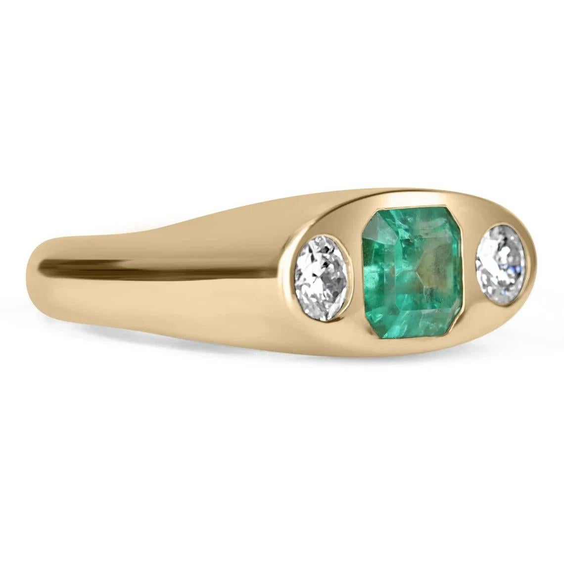 Ein Ring mit kolumbianischem Smaragd und Diamanten im Zigeunerstil. Dieser handgefertigte Ring aus glänzendem 14-karätigem Gelbgold enthält einen natürlichen kolumbianischen Smaragd von 2,02 Karat, der aus den berühmten Minen von Chivor stammt. Für