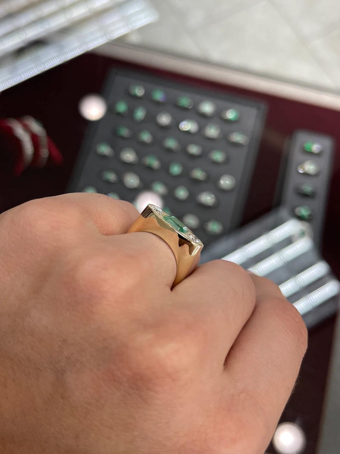 2,70tcw 14K kolumbianischer Zigeunerring mit drei Steinen, Smaragd-Emerald-Schliff & Diamant im Angebot 1