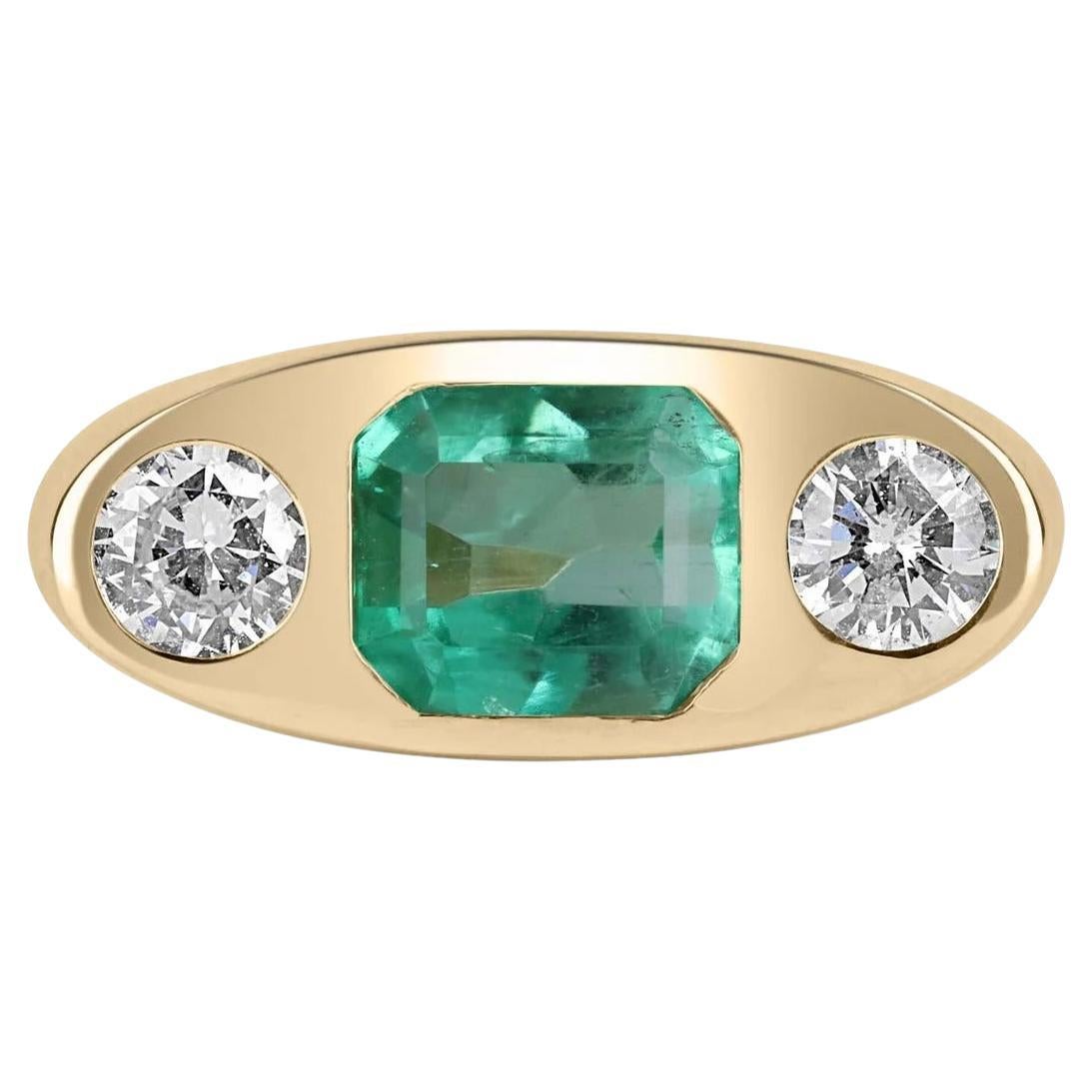 Anillo gitano de tres piedras con esmeralda colombiana y diamantes talla esmeralda de 2,70 qt 14K