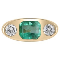 2.70tcw 14K Colombian Emerald-Emerald Cut & Diamond Three Stone Gypsy Ring