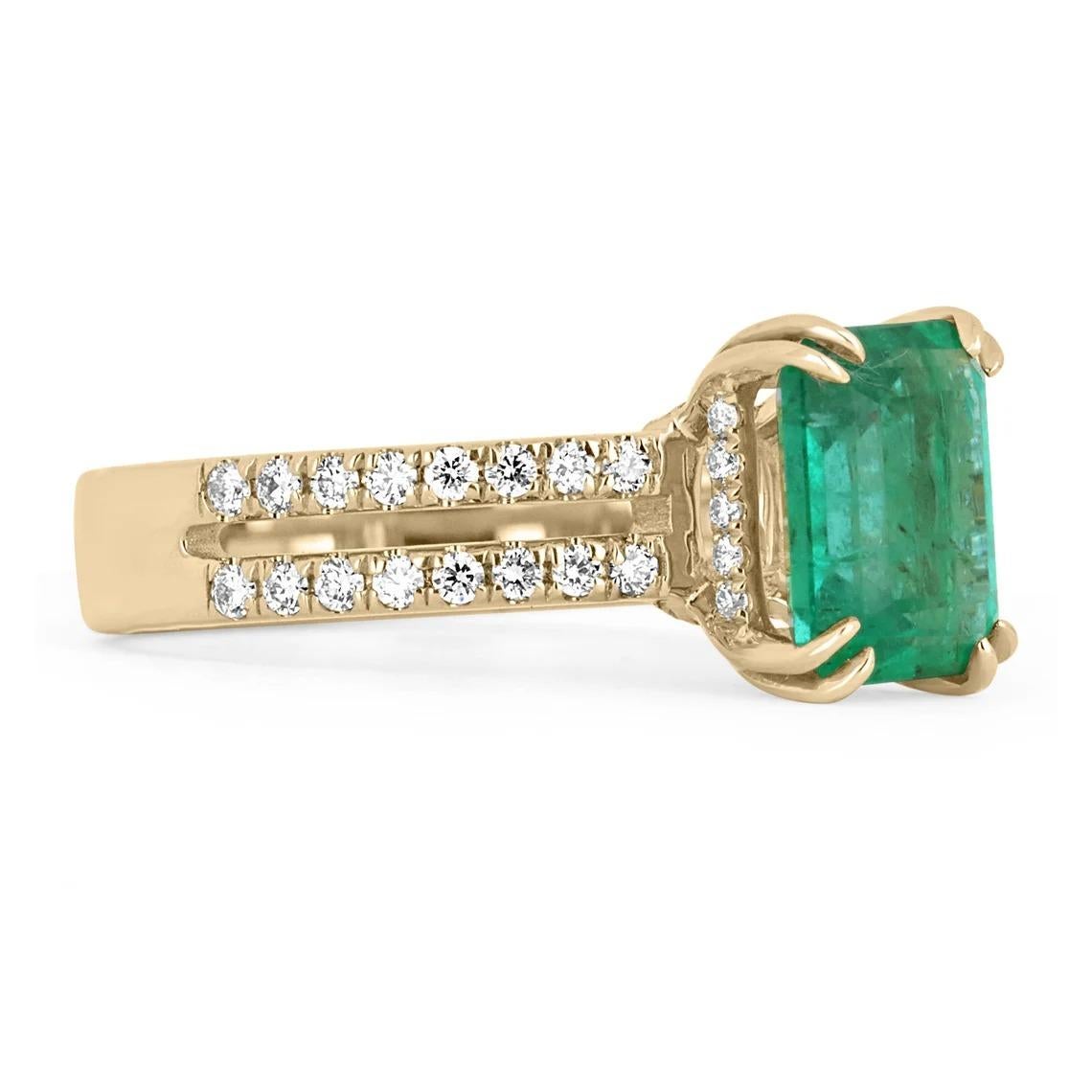 Enthrall in this magnificent emerald & diamond engagement ring. The center stone withholds a ravishing 2.20-carat Zambian emerald, displaying a lush bluish-green color and excellent luster. Perfectly, imperfect, imperfections can be seen; which is
