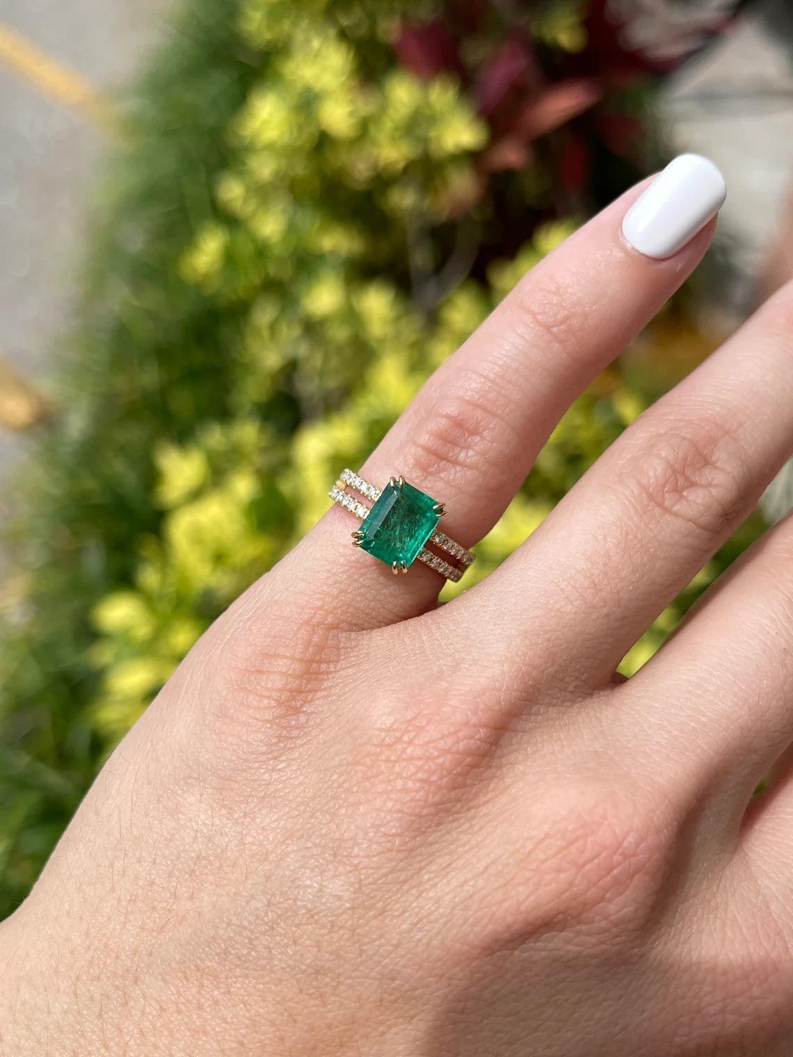 Modern 2.70tcw 18K Natural Emerald-Emerald Cut & Diamond Spilt Shank Engagement Ring For Sale