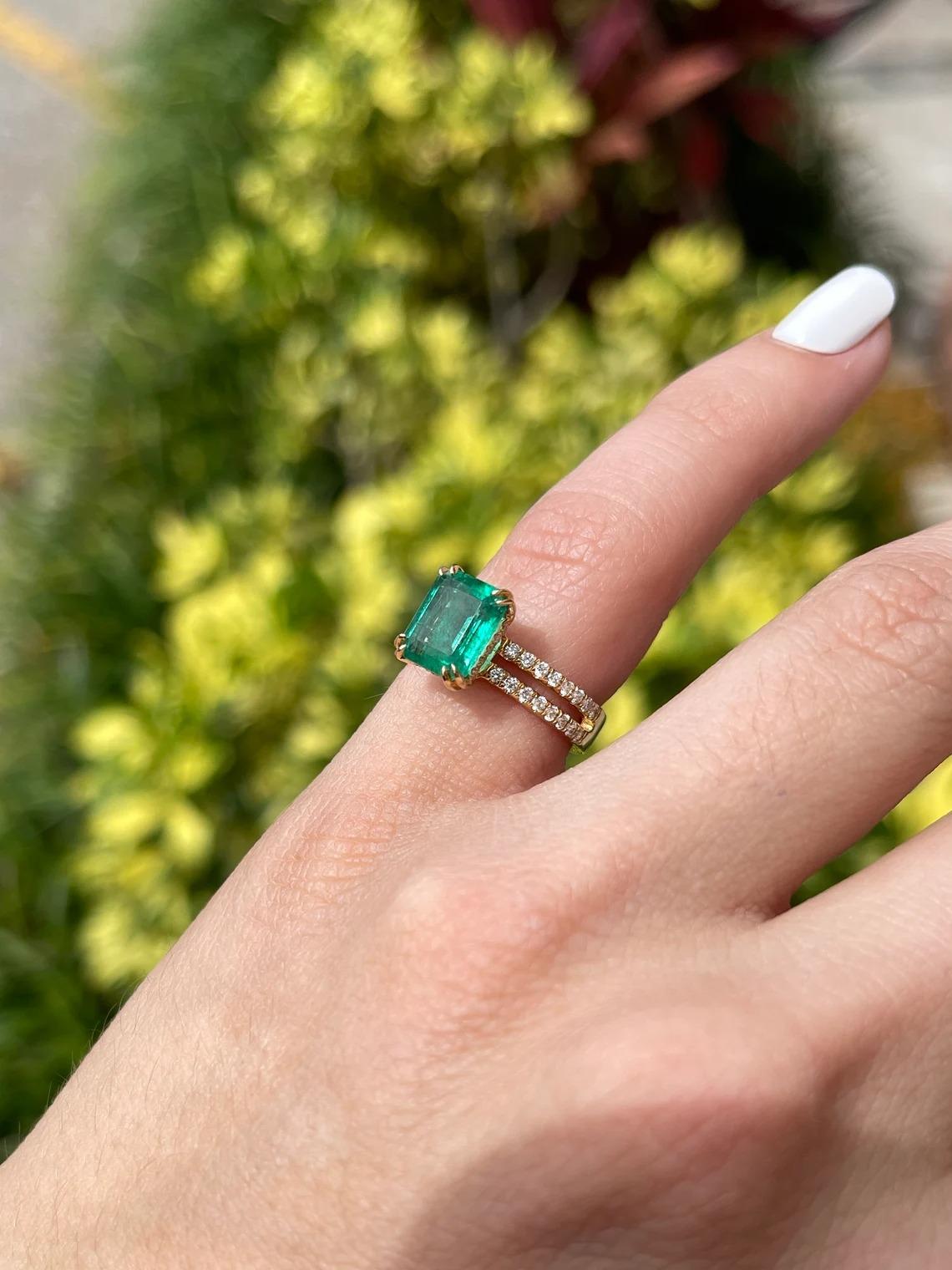 2.70tcw 18K Natural Emerald-Emerald Cut & Diamond Spilt Shank Engagement Ring In New Condition For Sale In Jupiter, FL