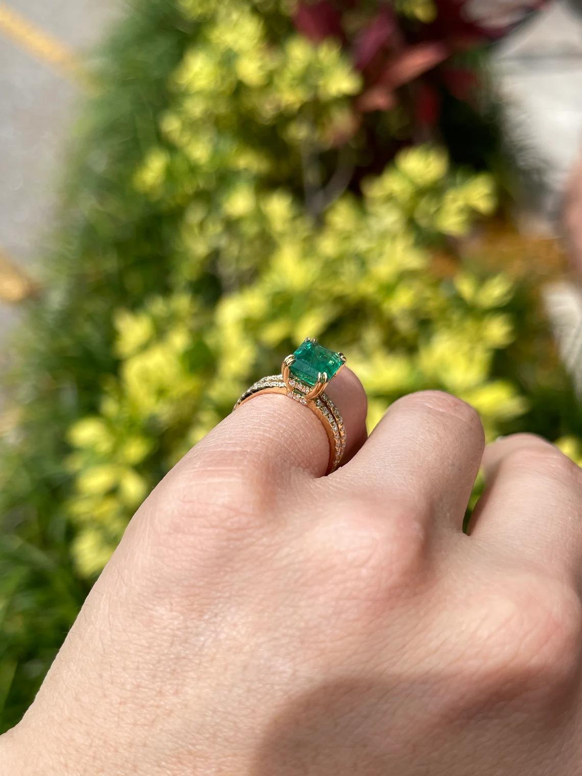 Women's 2.70tcw 18K Natural Emerald-Emerald Cut & Diamond Spilt Shank Engagement Ring For Sale