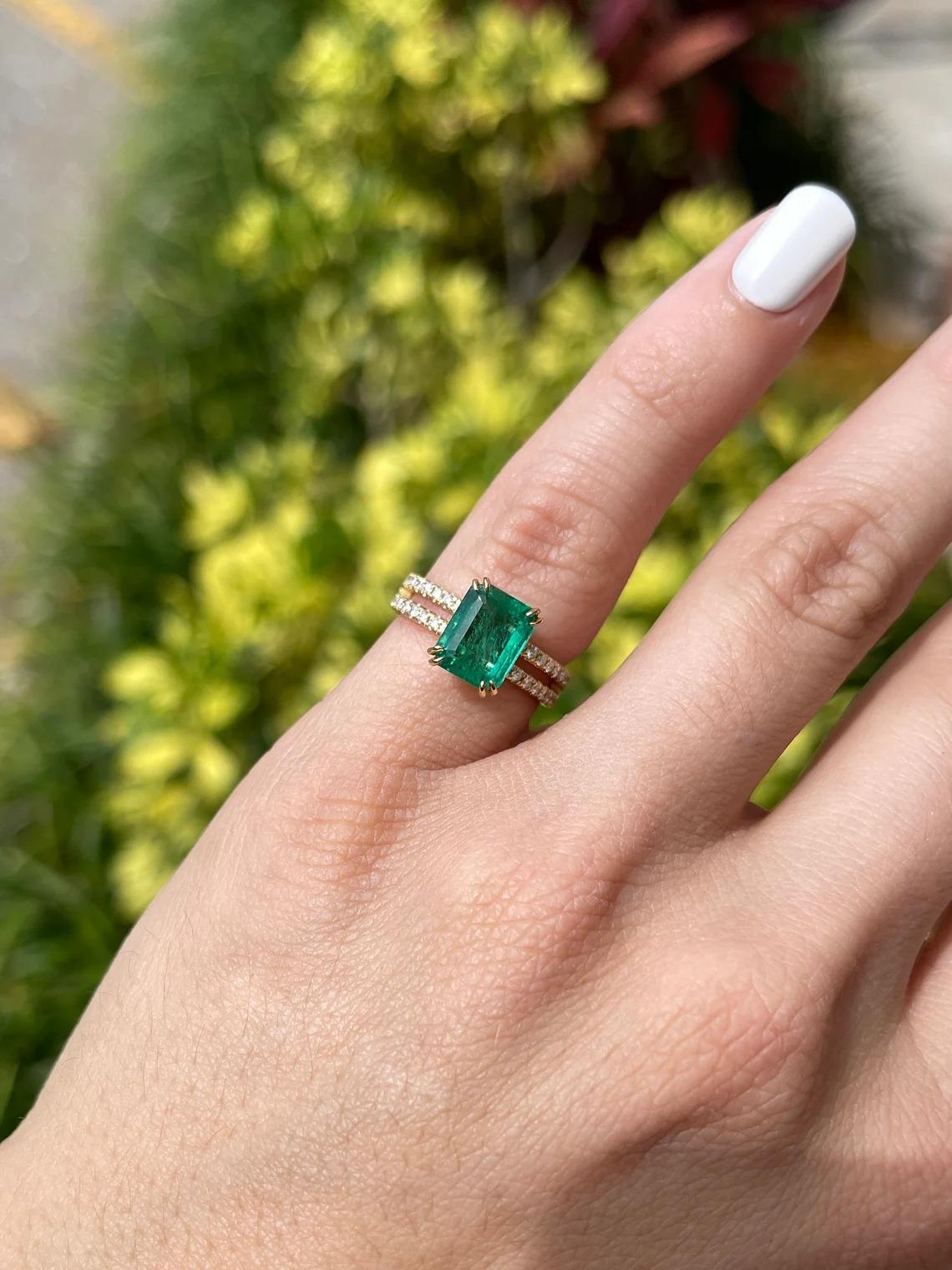 2.70tcw 18K Natural Emerald-Emerald Cut & Diamond Spilt Shank Engagement Ring For Sale 1
