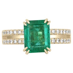2.70tcw 18K Natural Emerald-Emerald Cut & Diamond Spilt Shank Engagement Ring