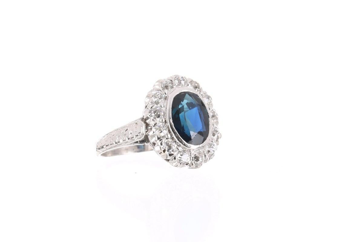 Art Deco 2.70tcw Vintage Natural Sapphire & Diamond Halo Platinum Ring For Sale