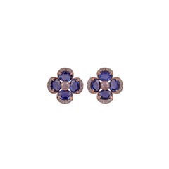 2.71 Carat Blue Sapphire, Rose cut & Round Diamond Earrings Studs (boucles d'oreilles saphir bleu, taille rose et diamant rond).