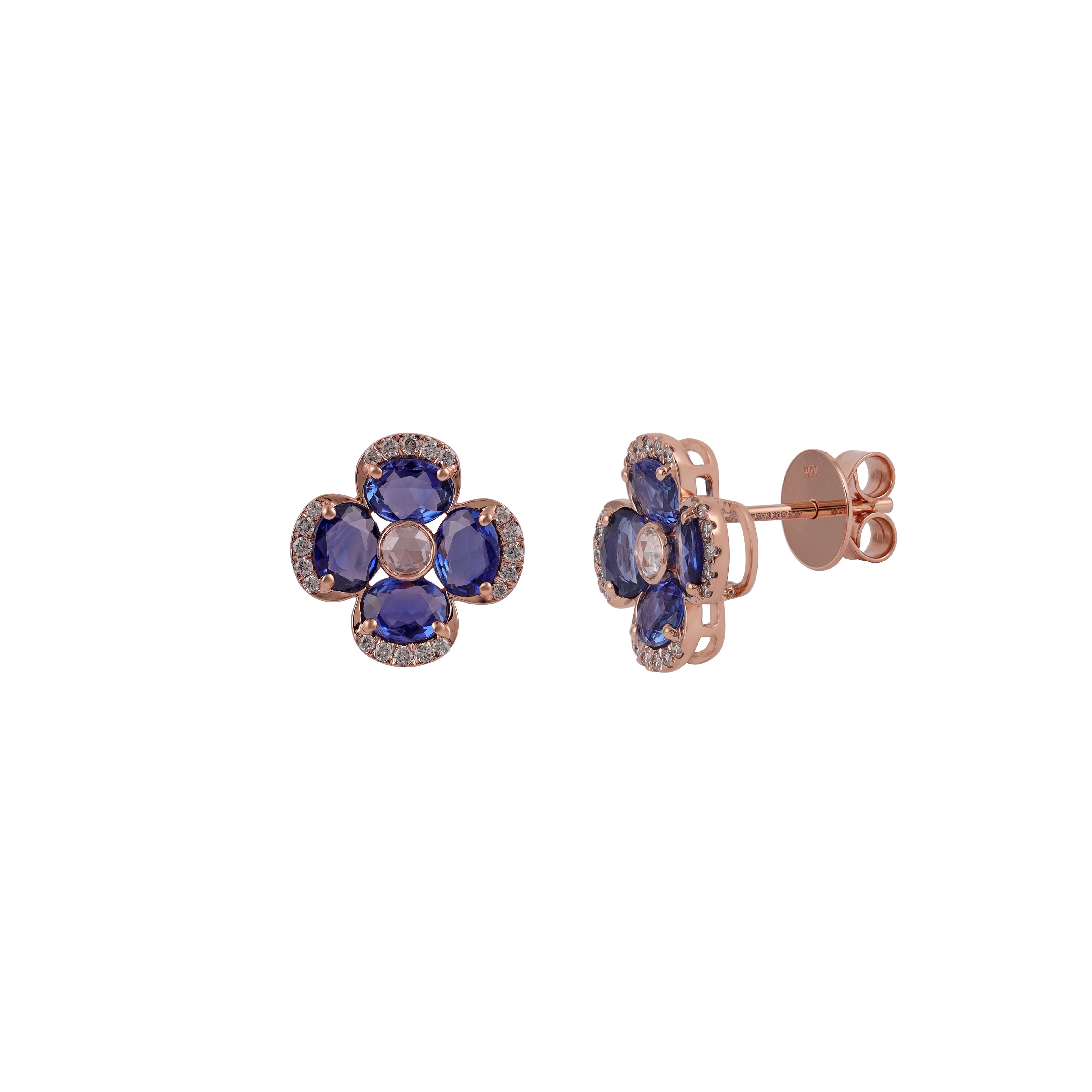 Modern 2.71 Carat Blue Sapphire, Rose cut & Round Diamond Earrings Studs. For Sale