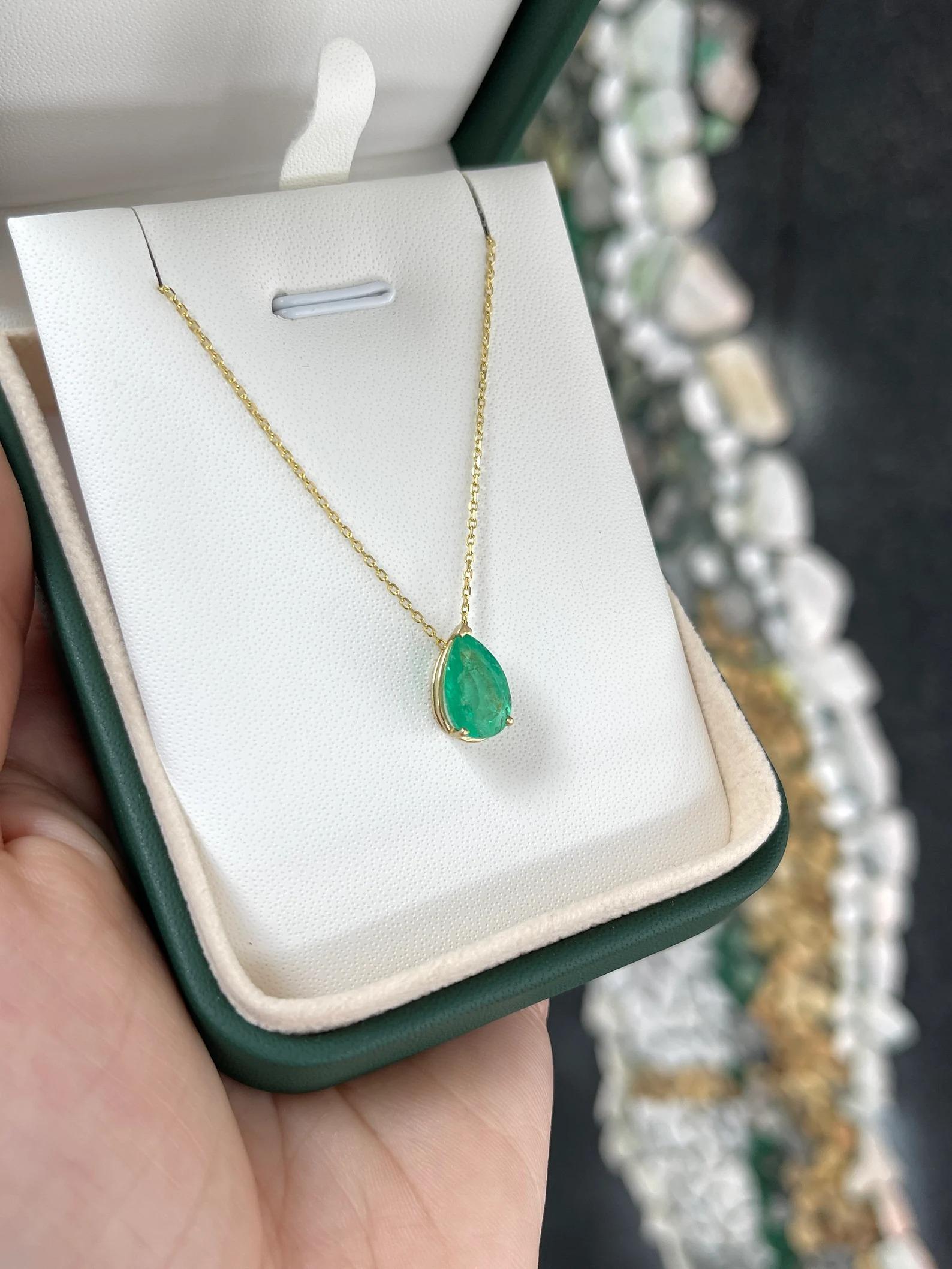 Pear Cut 2.71 Carat Colombian Emerald Three Prong Solitaire Slider Pendant Gold 14K For Sale