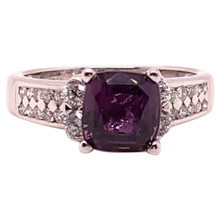 2.71 Carat Cushion Cut Purple Sapphire and Diamond Ring in 18k White Gold For Sale