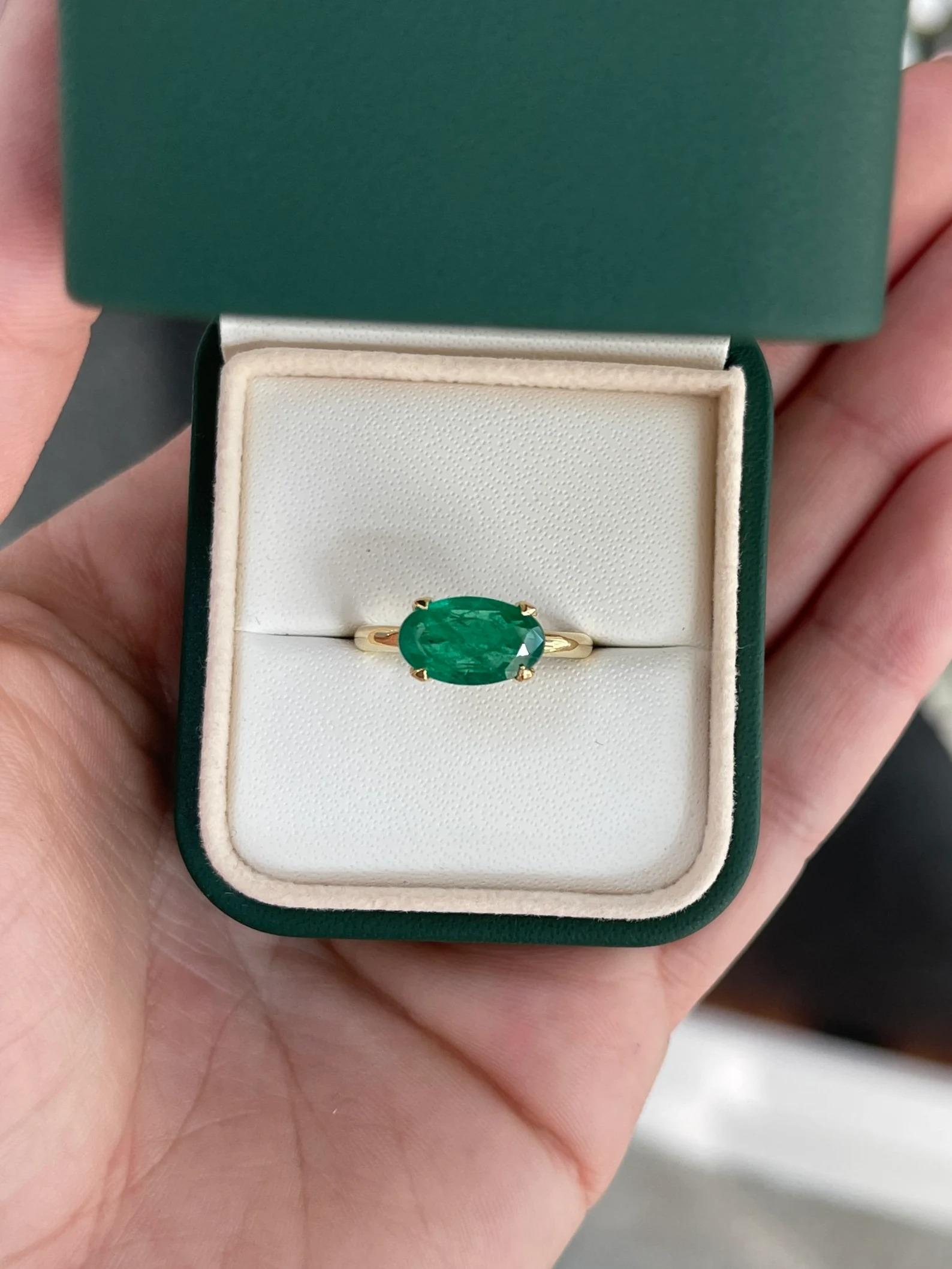 Modern 2.71 Carat East to West Solitaire Natural Oval Cut Emerald Ring 18K For Sale