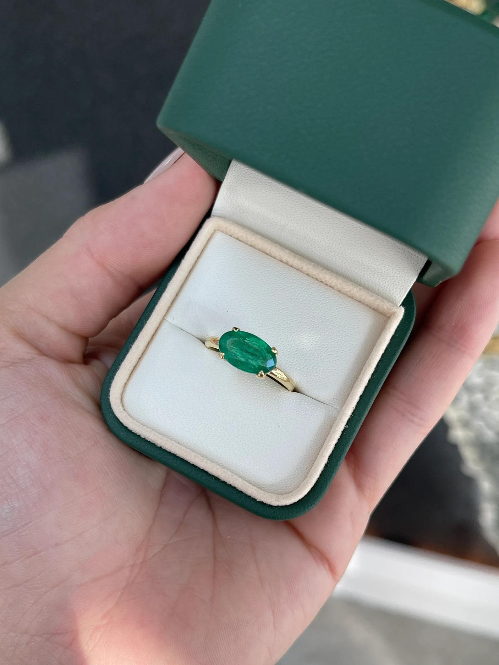 Women's 2.71 Carat East to West Solitaire Natural Oval Cut Emerald Ring 18K For Sale