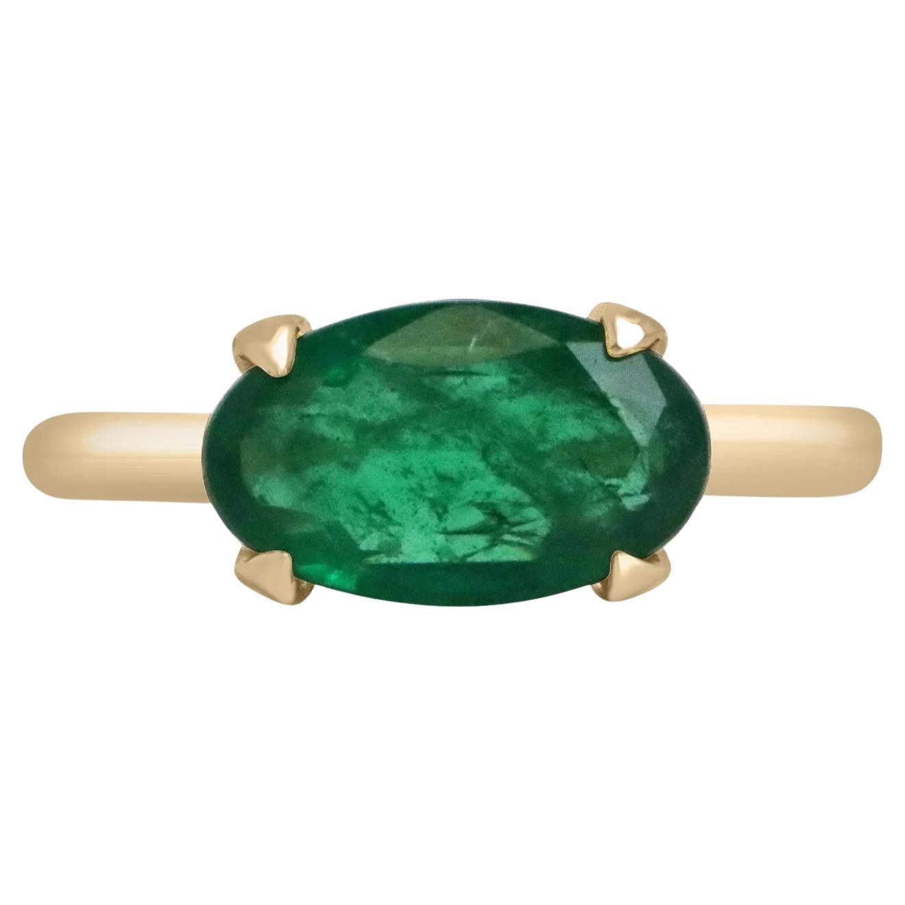 2.71 Carat East to West Solitaire Natural Oval Cut Emerald Ring 18K For Sale