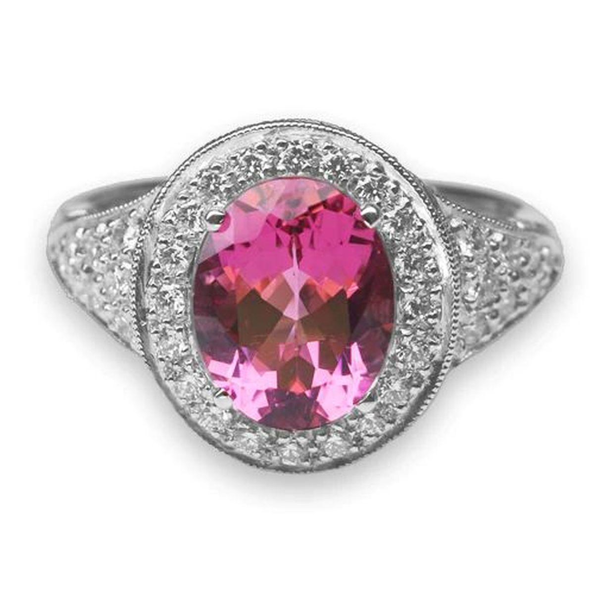 Modern 2.71 Carat Natural Pink Tourmaline and Diamond Platinum Ring For Sale