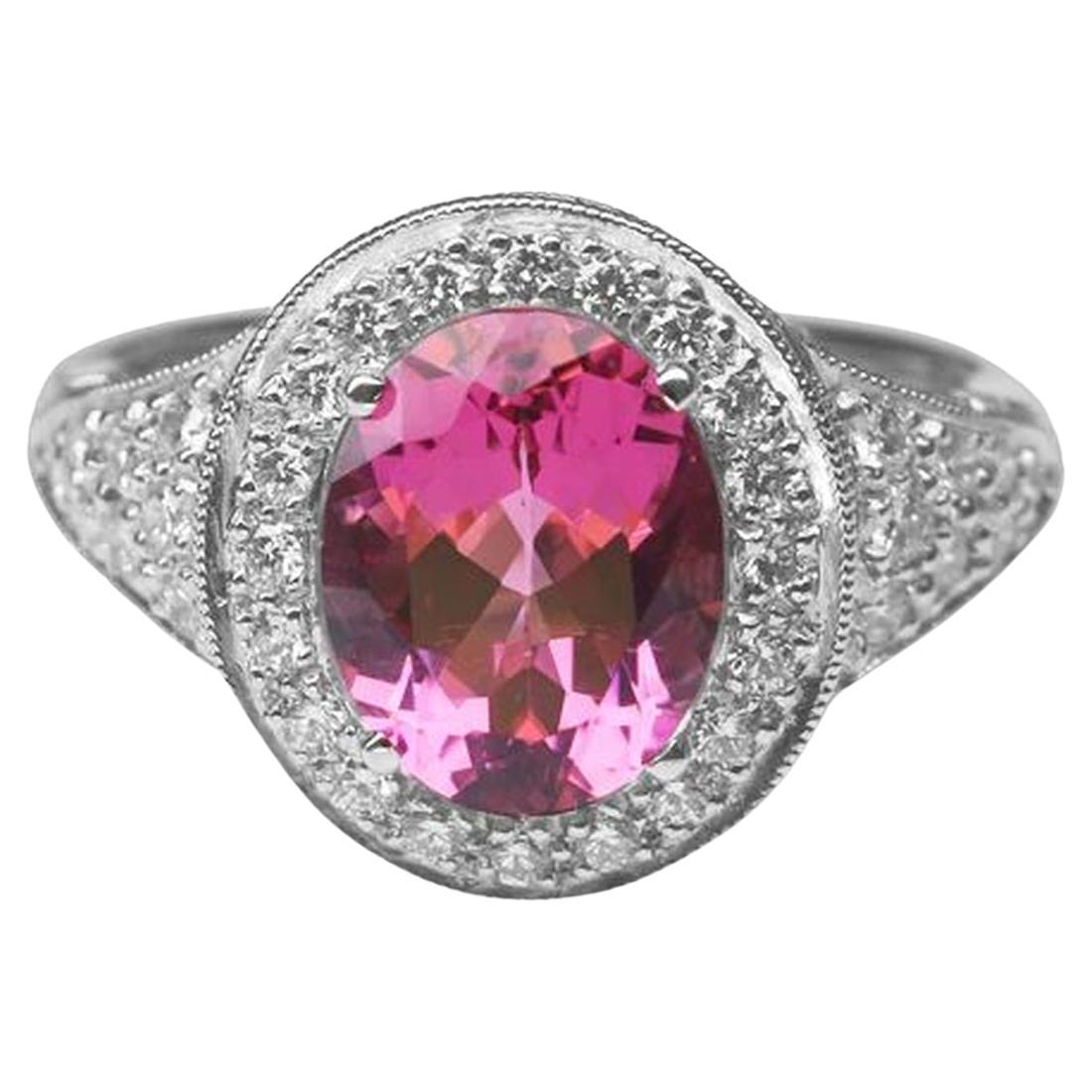 2.71 Carat Natural Pink Tourmaline and Diamond Platinum Ring For Sale
