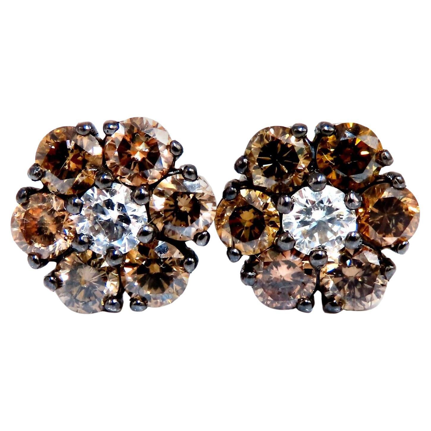 2.71 Carat Natural Round Diamond Cluster Earrings 14 Karat Fancy Browns* For Sale