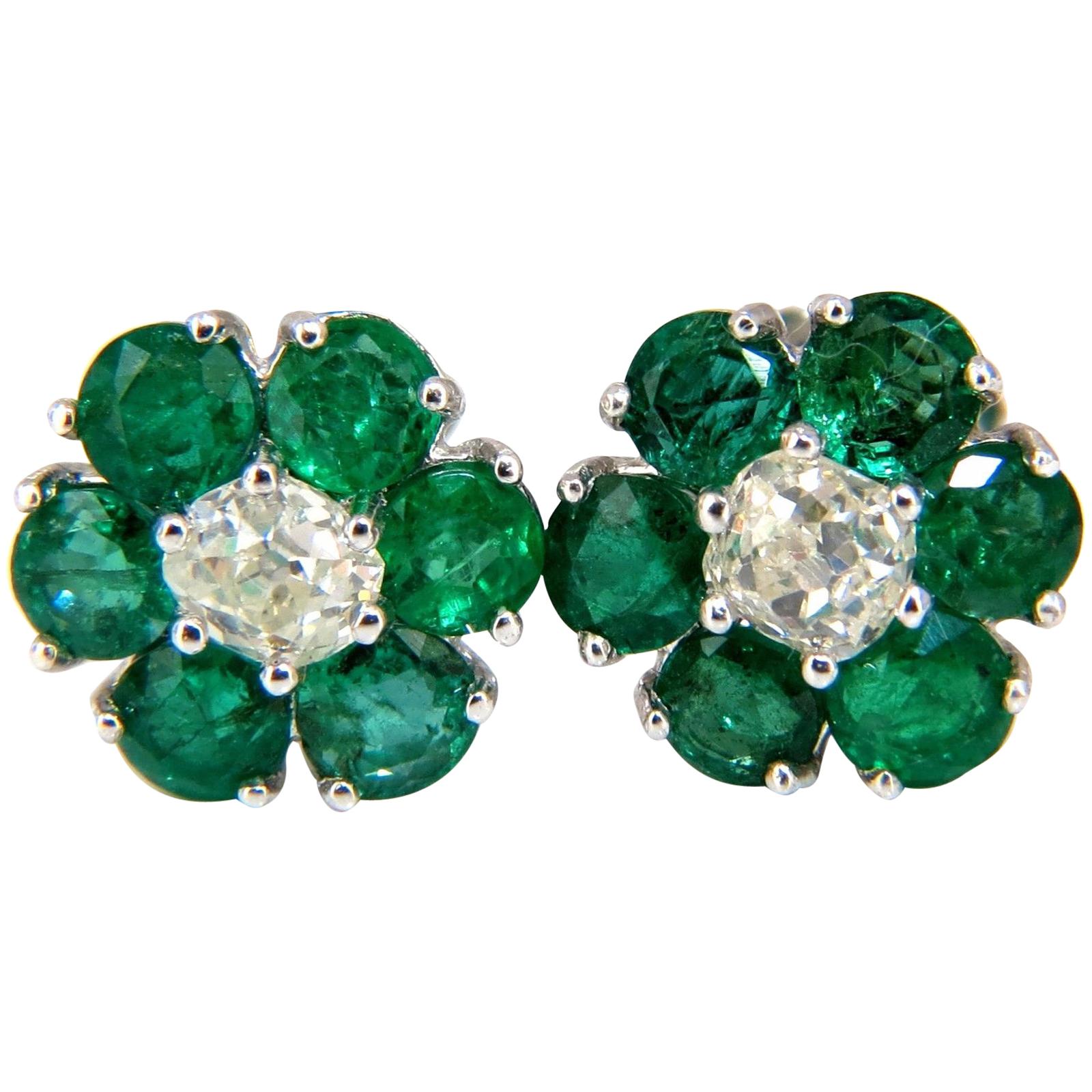 2.71 Carat Natural Vivid Green Emerald Diamond Earrings 14 Karat Cluster