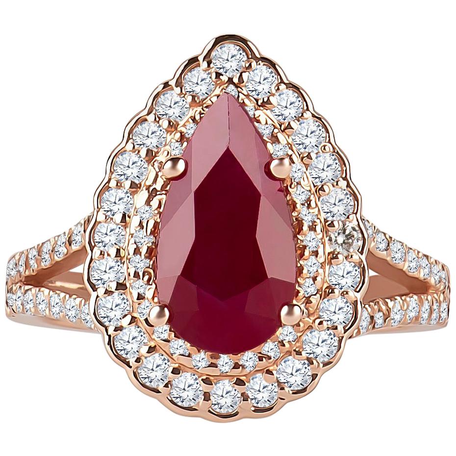 2.71 Carat Pear Shape Ruby with 0.96 Carat Round Brilliant Diamonds in Halo Ring