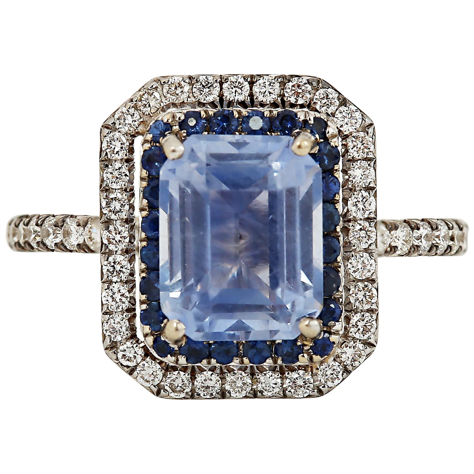 Art Deco Gems Are Forever GIA Cert 2.71 Ct Unheated Sapphire Diamond Double Halo Ring For Sale