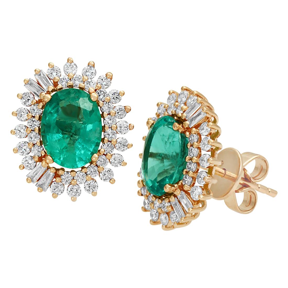 2.71 Carat Zambian Emerald and 1.69 CT Diamonds in 14K Rose Gold Stud Earrings