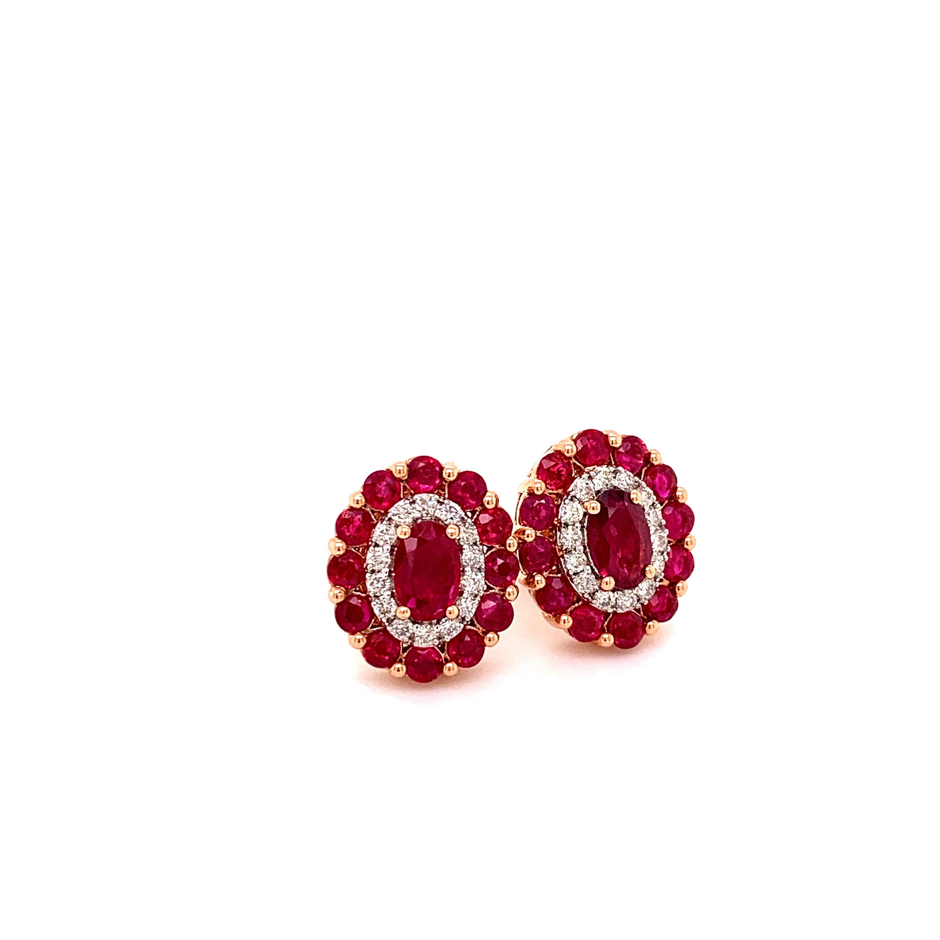 Women's or Men's 2.71 Carat Ruby Rose Gold Stud Earrings