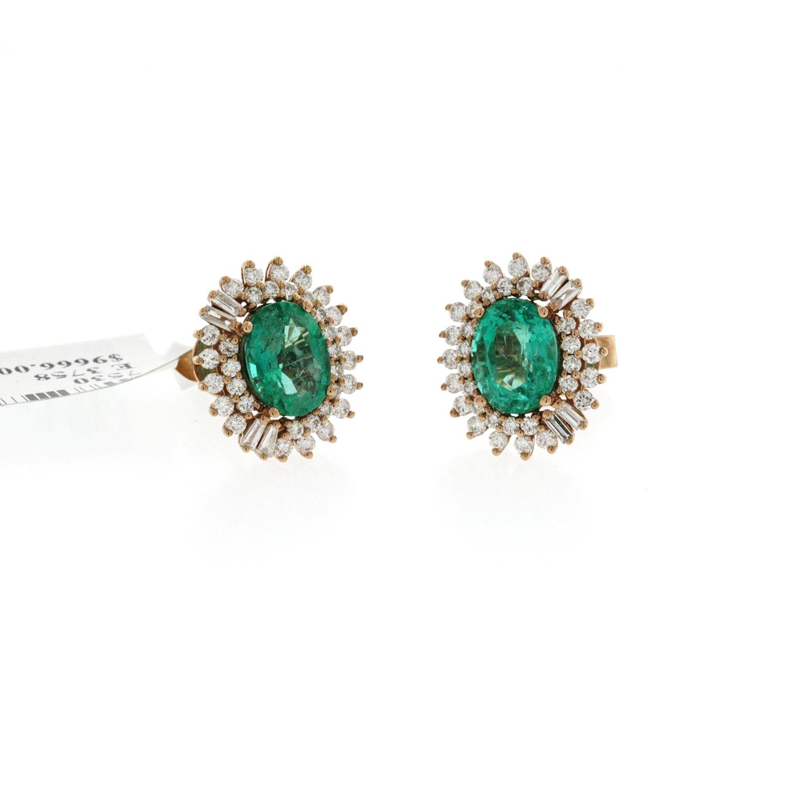 Women's 2.71 Carat Zambian Emerald and 1.69 CT Diamonds in 14K Rose Gold Stud Earrings