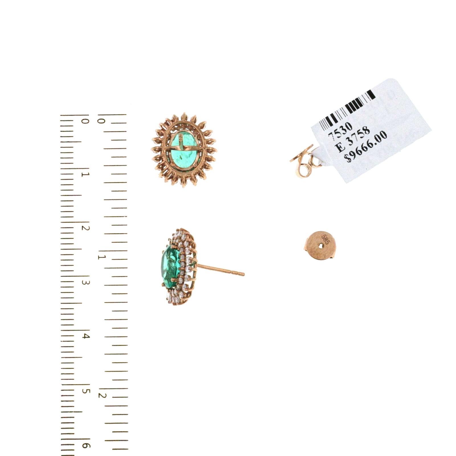 2.71 Carat Zambian Emerald and 1.69 CT Diamonds in 14K Rose Gold Stud Earrings 2