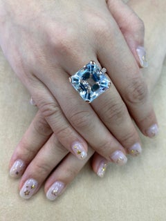 27.10 Carat Asscher Cut Light Blue Topaz and Diamond Cocktail Ring 18 Karat Gold