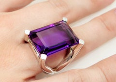 27.11 Carat Amethyst Solitaire Sterling Silver Ring Estate Fine Jewelry