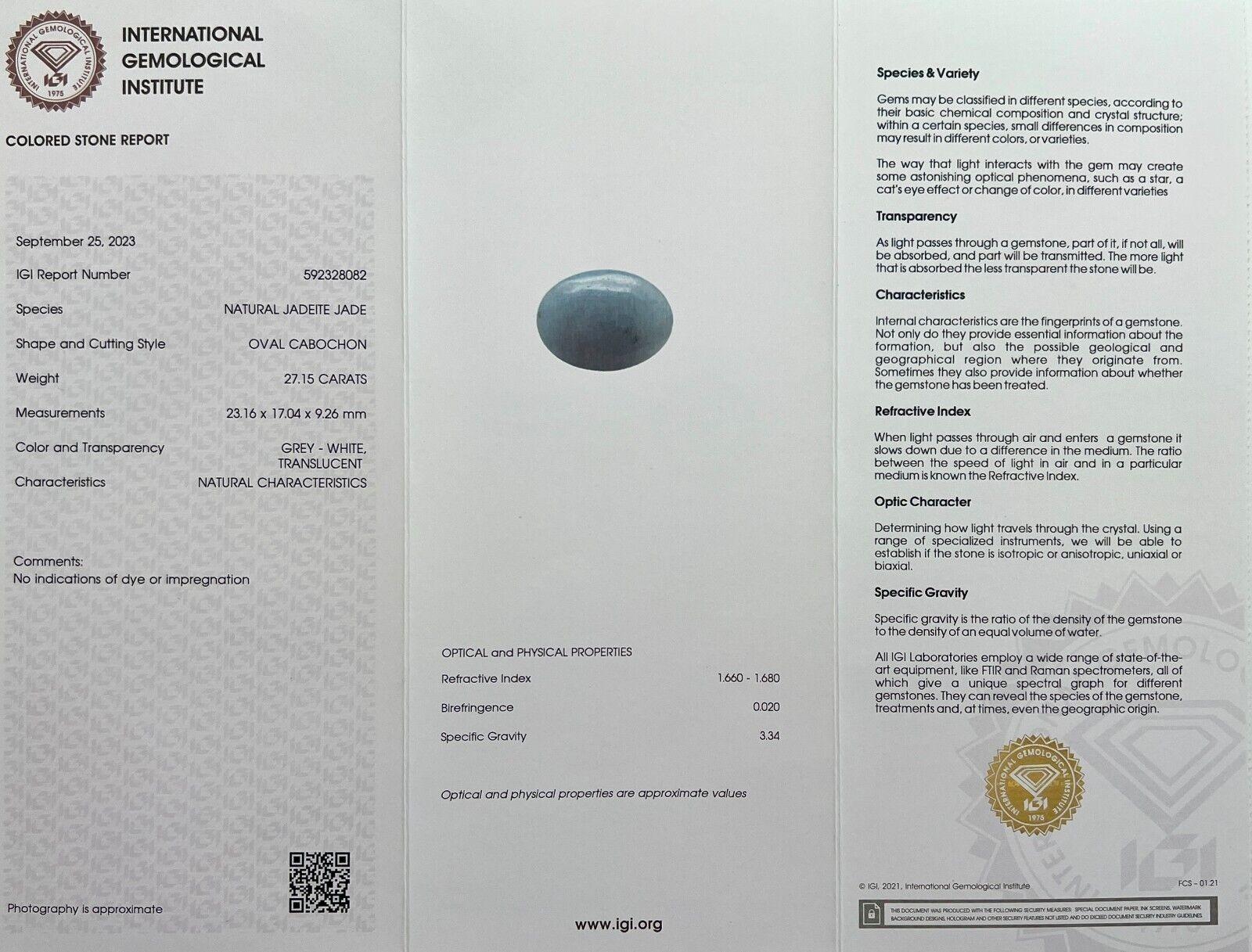 Women's or Men's 27.15Ct IGI Certified Grey White 'ice' Jadeite Jade ‘A’ Grade Cabochon Untreated For Sale