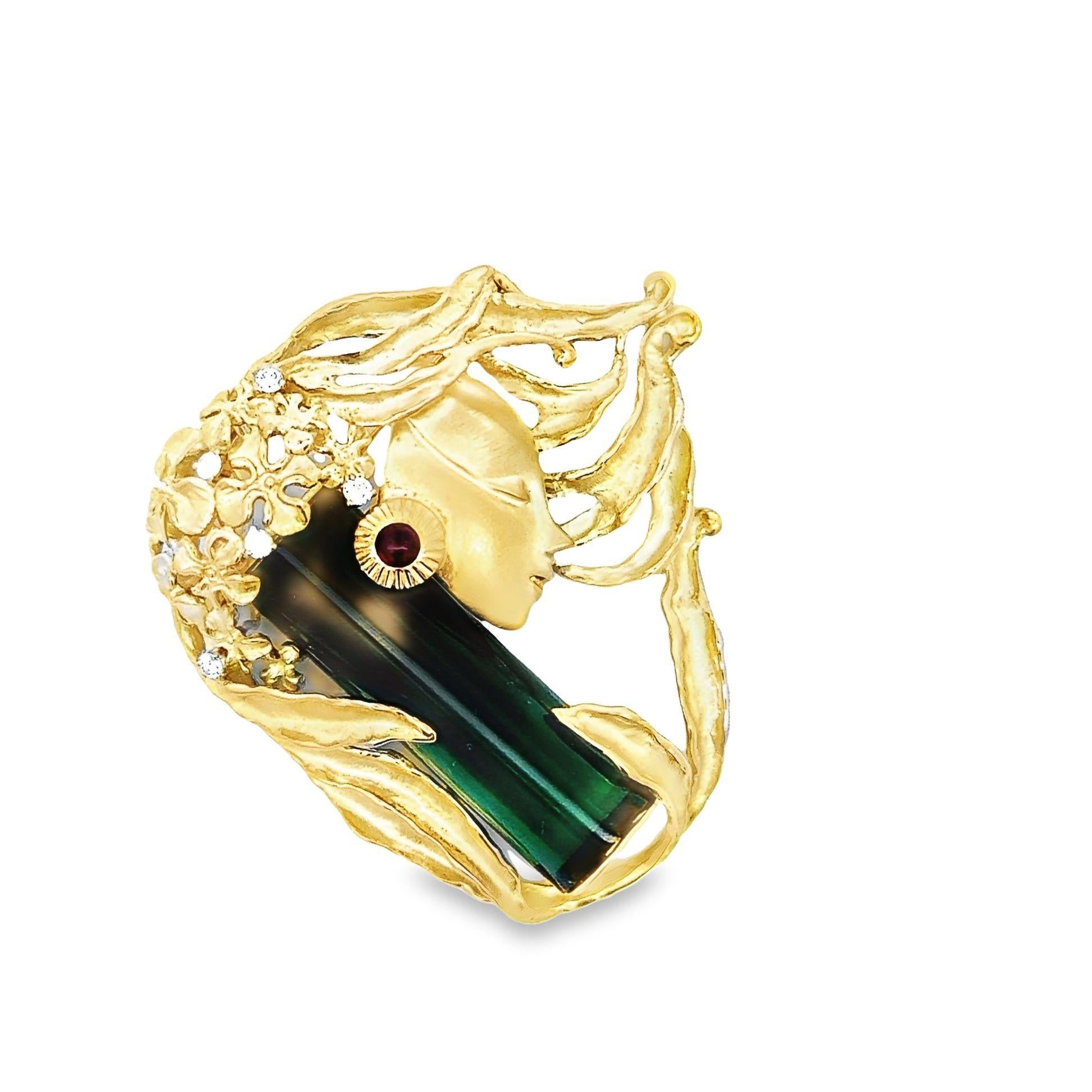 Cabochon 27.16 Carat Green Tourmaline 18k Yellow Gold Art Nouveau Inspired Brooch For Sale