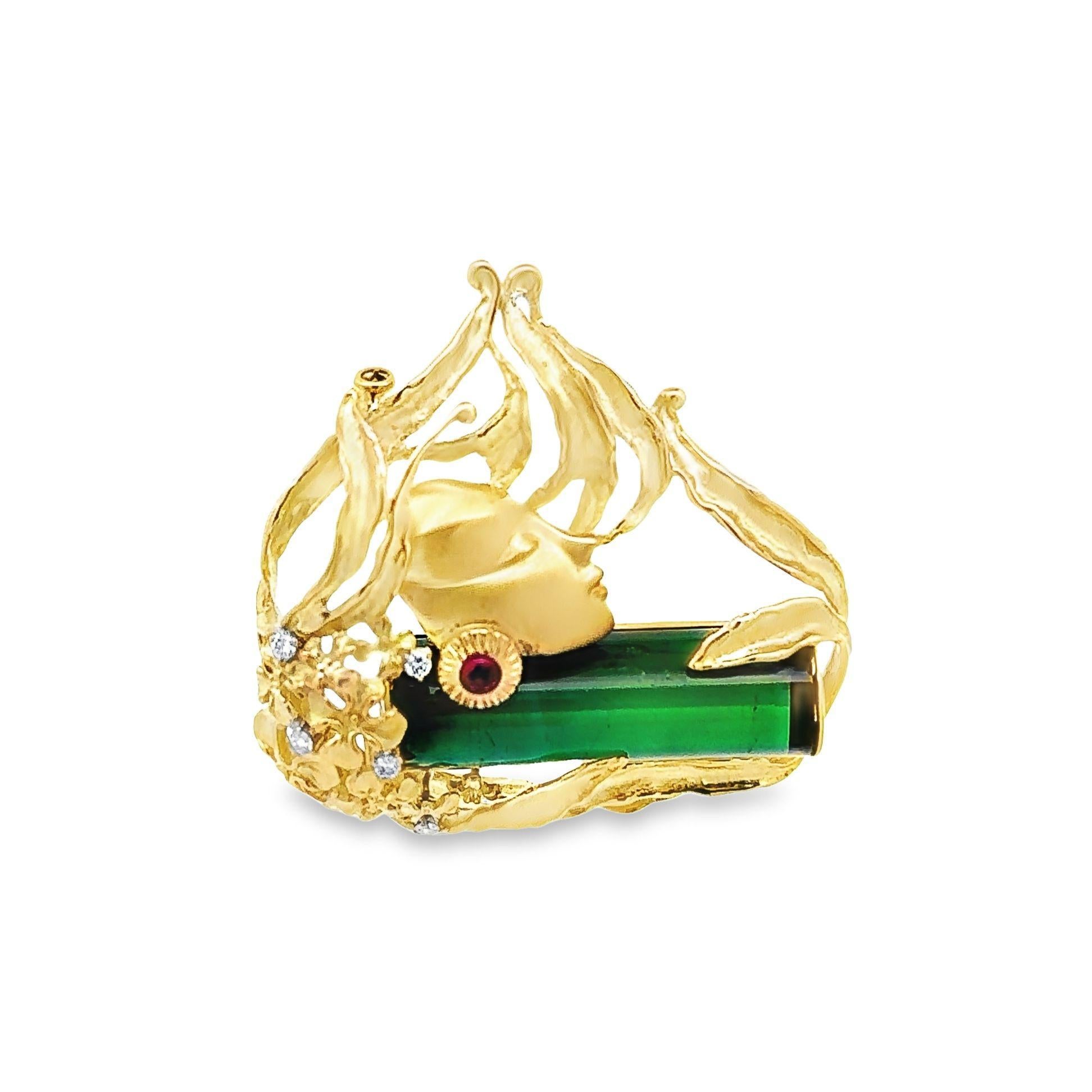 27.16 Carat Green Tourmaline 18k Yellow Gold Art Nouveau Inspired Brooch In New Condition For Sale In Beverly Hills, CA