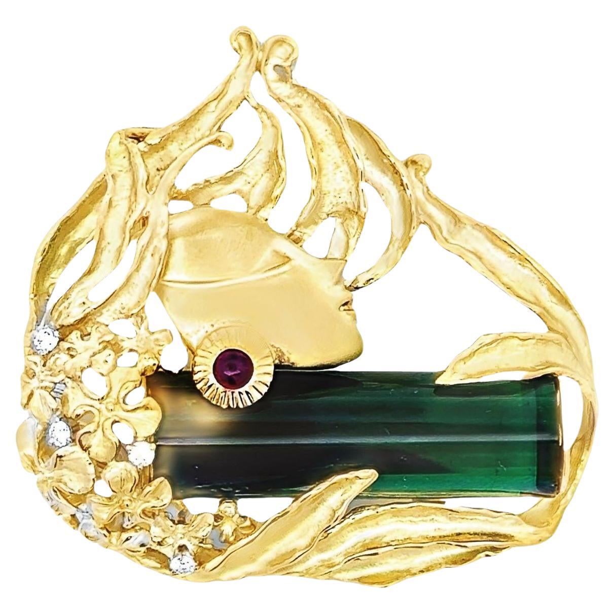 27.16 Carat Green Tourmaline 18k Yellow Gold Art Nouveau Inspired Brooch For Sale