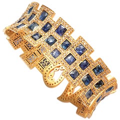 27.17 Carat Blue Sapphire Art Deco Style Mosaic Coomi Cuff Bracelet