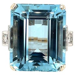 27.17ct Emerald Cut GIA Aquamarine Ring 14k Yellow Gold 0.66tcw Round Diamonds