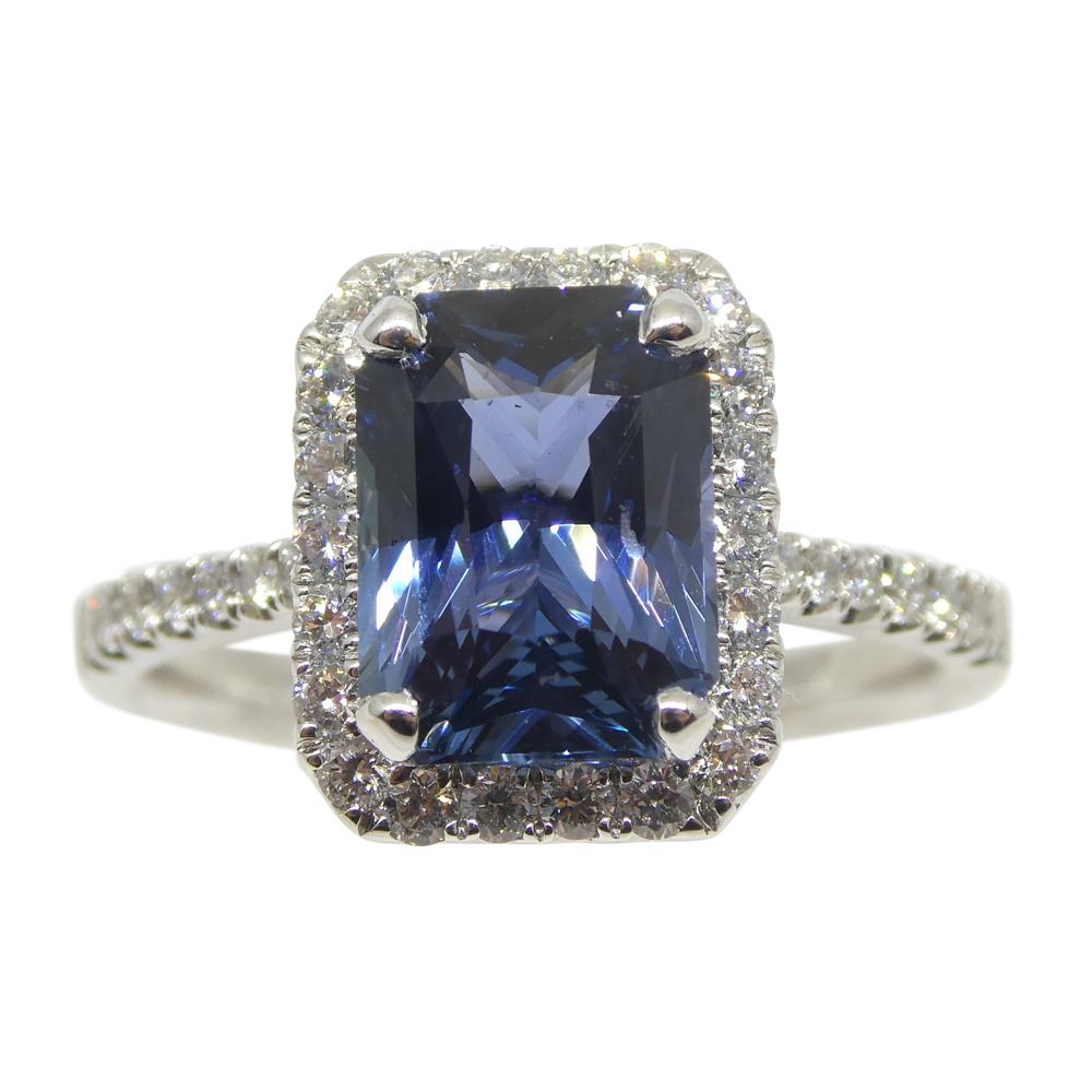Radiant Cut 2.71ct Blue Sapphire, Diamond Engagement/Statement Ring in 18K White Gold For Sale