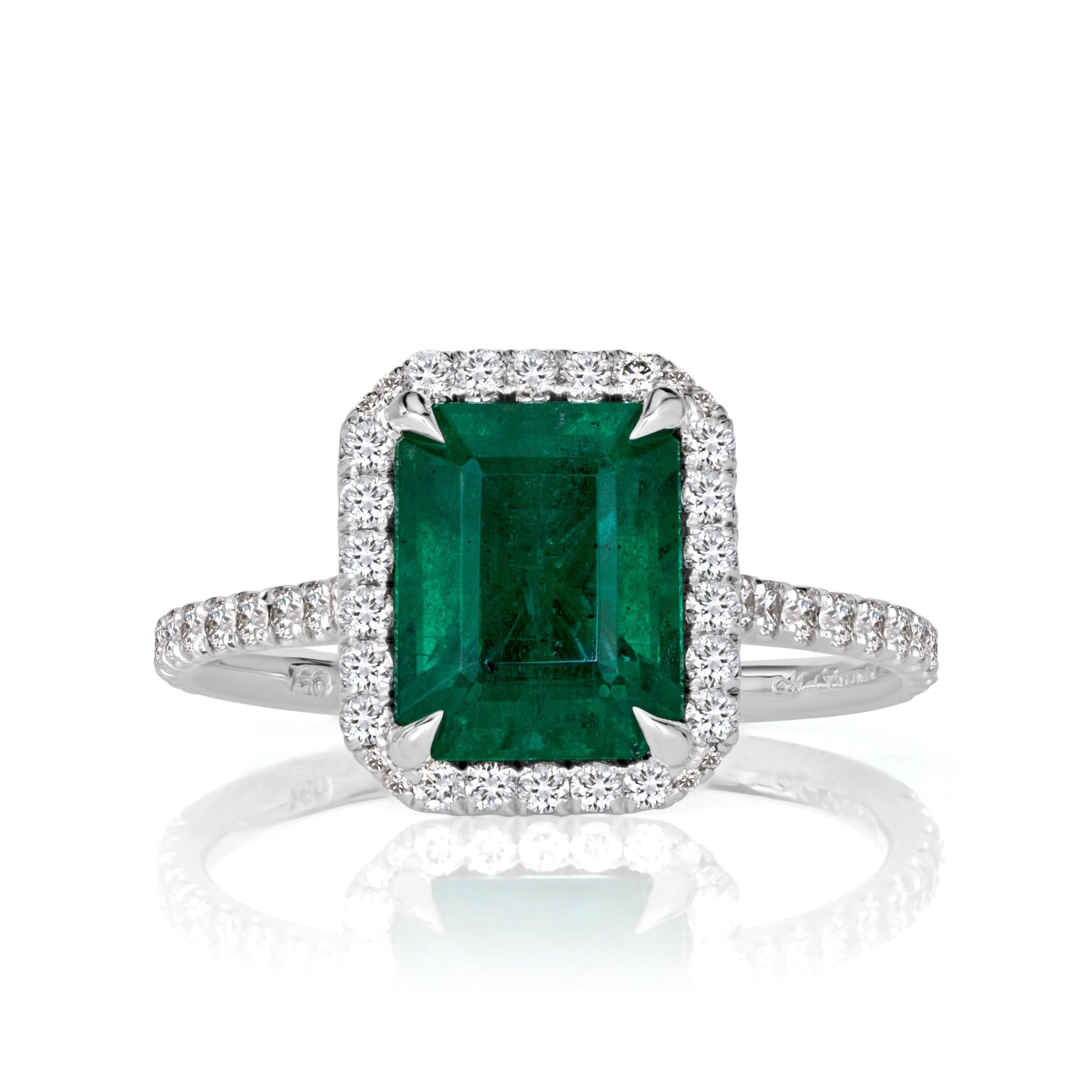 2.71ct Emerald Cut Emerald and Diamond Engagement Ring For Sale